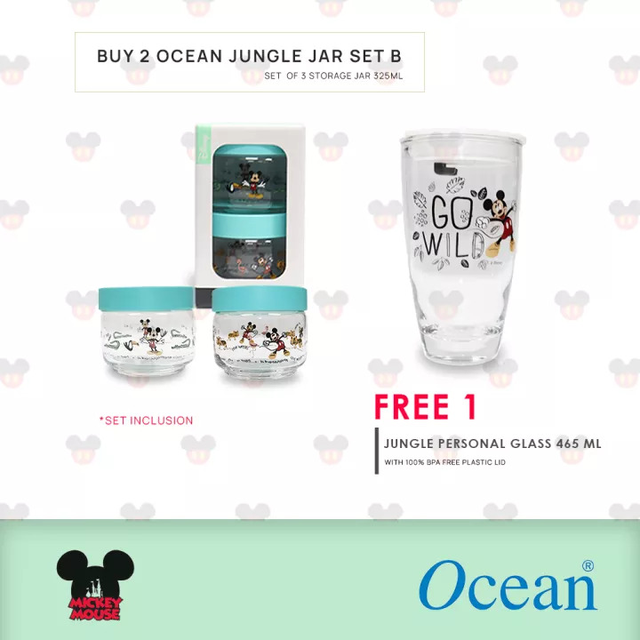 SPECIAL PROMO Ocean Glass Mickey JUNGLE Pop Jar with Mint Green Plastic Lid 325 ML / 0.32 Liter Set of 2 - (SET B)