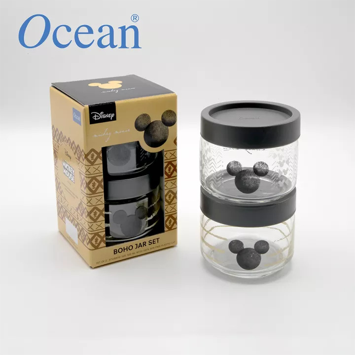 Ocean Glass Mickey BOHO Pop Jar Gray Plastic Lid 325 ML / 0.32 Liter Set of 2