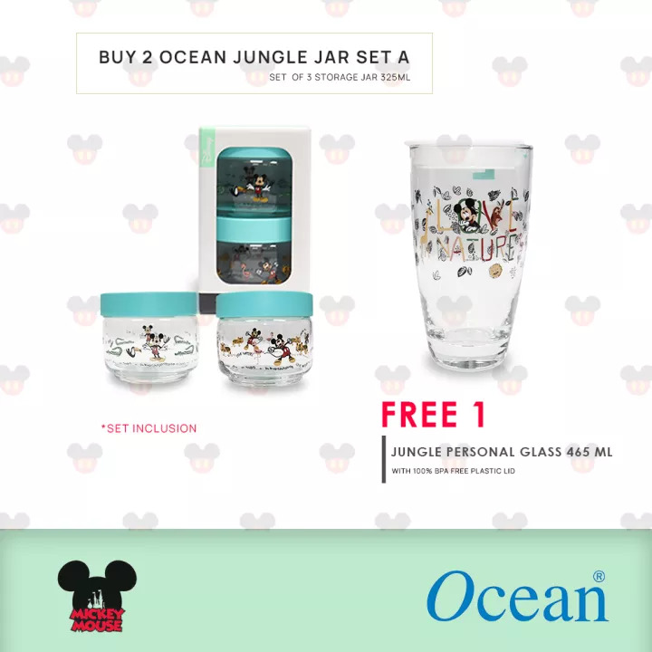 SPECIAL PROMO Ocean Glass Mickey JUNGLE Pop Jar with Mint Green Plastic Lid 325 ML / 0.32 Liter Set of 2 - (SET A)