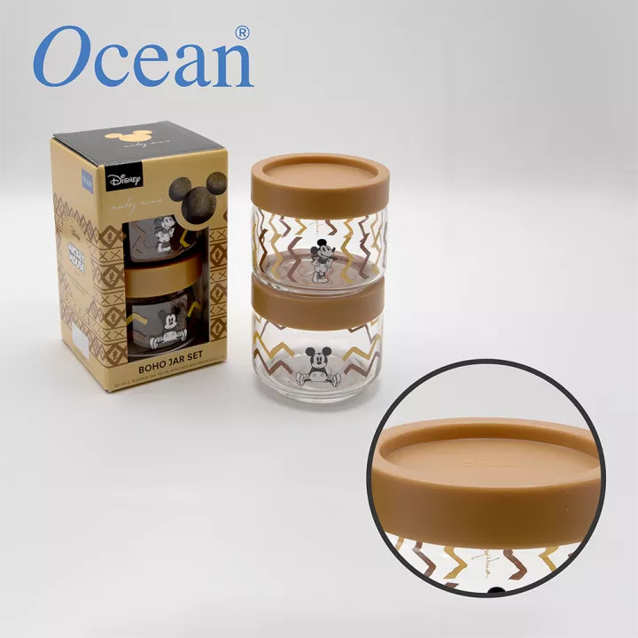 Ocean Glass Mickey BOHO Jar Brown Plastic Lid 325 ML / 0.32 Liter Set of 2