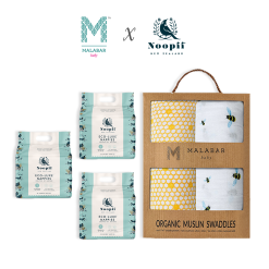 Malabar Baby Organic Muslin Two Pack Swaddle - Busy Bees + 3packs of NOOPII Newborn Diapers