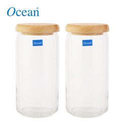 Ocean Glassware Pop Jar Wood Cover 1000 ML / 1 Liter Set of 2