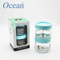 Ocean Glass Mickey JUNGLE Pop Jar with Mint Green Plastic Lid  325 ML / 0.32 Liter Set of 2