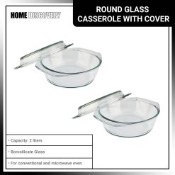 Home Discovery Heat Resistant Tempered Glass Round Casserole with Cover 2 Liter Set of 2