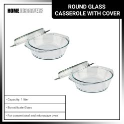 Home Discovery Heat Resistant Tempered Glass Round Casserole with Cover 1 Liter Set of 2
